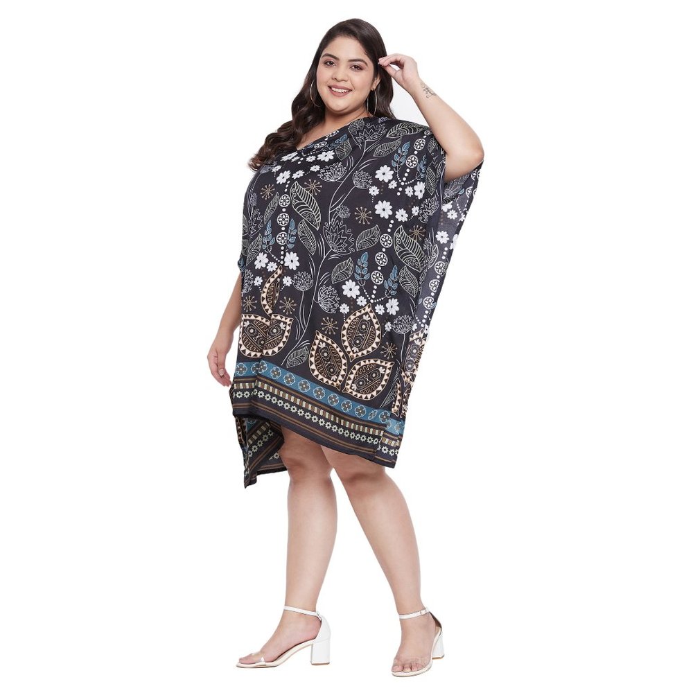 Black Floral Short Kaftan Knee Length Tunic Beach Summer Wear Beach Cover-Up - Picture 4 of 9